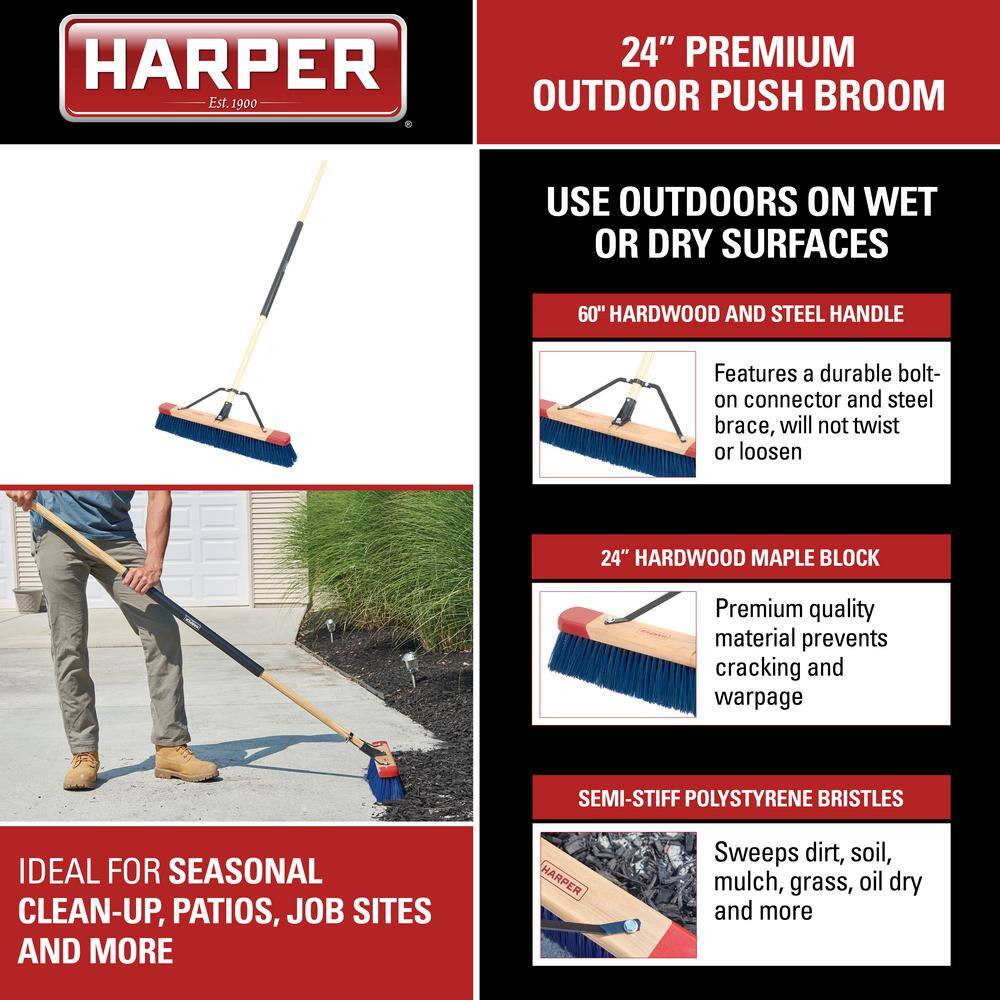 HARPER 24 in. Premium Outdoor HardwoodSteel Handle Push Broom for Dirt Soil Mulch Grass and Oil Dry 20201042