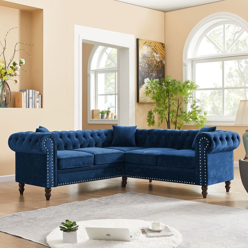 Chesterfield Button Tufted Upholstered Sectional Sofas L Shaped Sofa with 3 Pillows Included and Solid Wood Gourd Legs