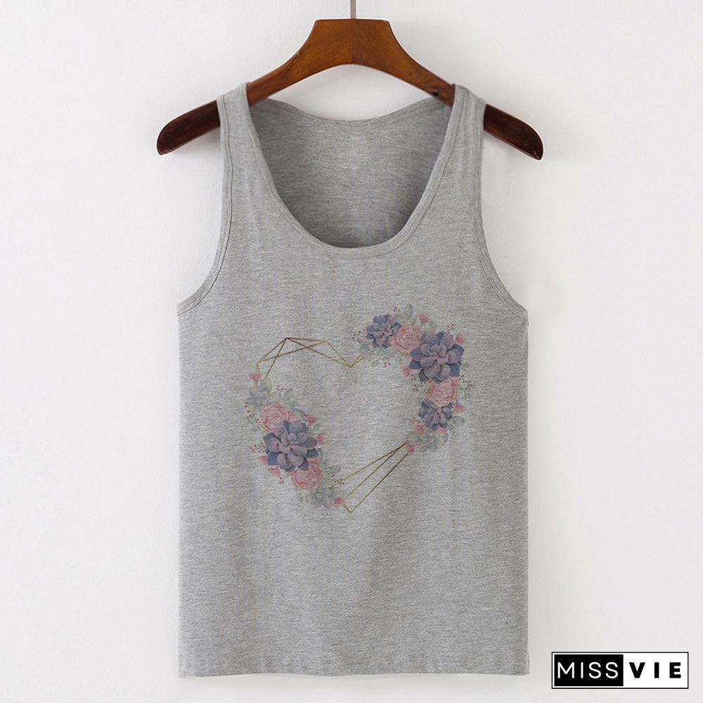 Summer Tank Tops Heart Flower Love Graphic Print Ladies Sexy Vest Camisole Women Tops Tee Tshirt Female Casual Loose Sleeveless