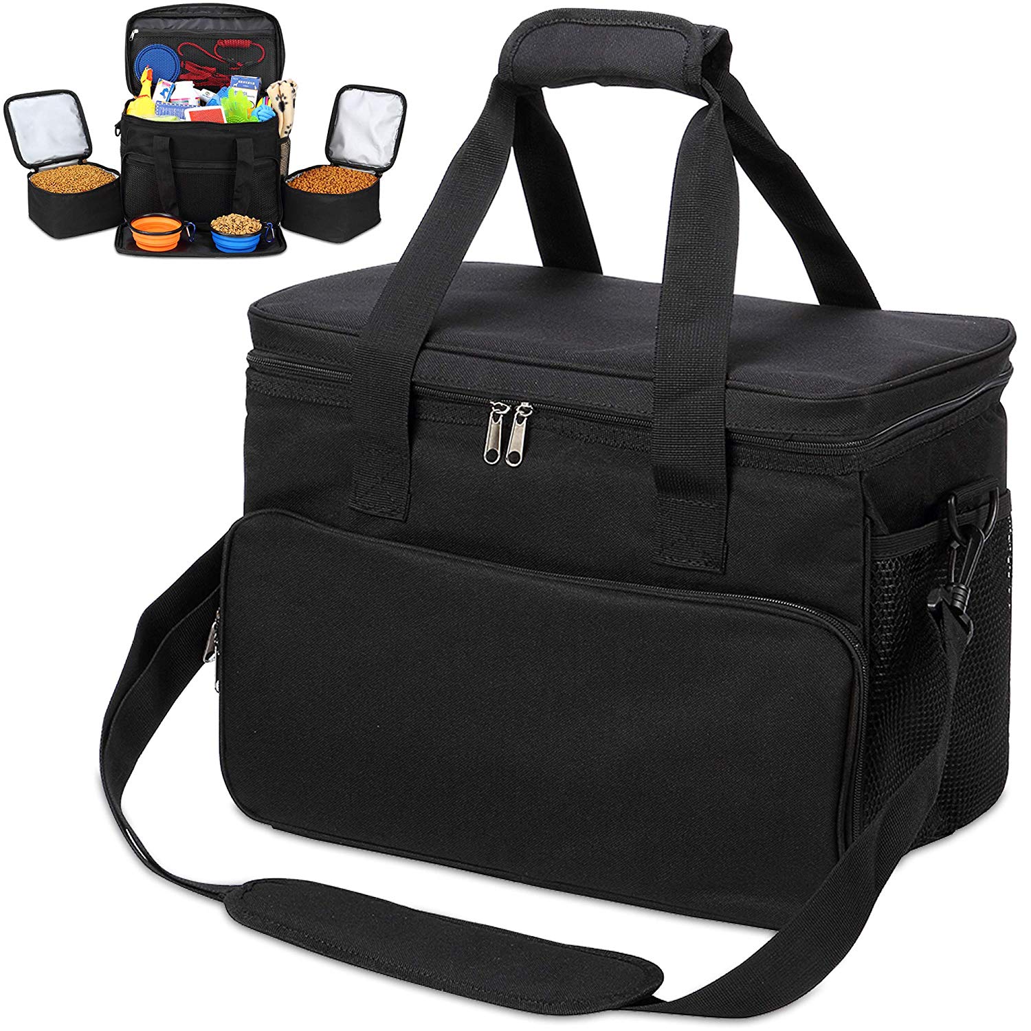 KOPEKS Cat and Dog Travel Bag - Includes 2 Food Carriers， 2 Bowls and Place mat - Airline Approved - Black