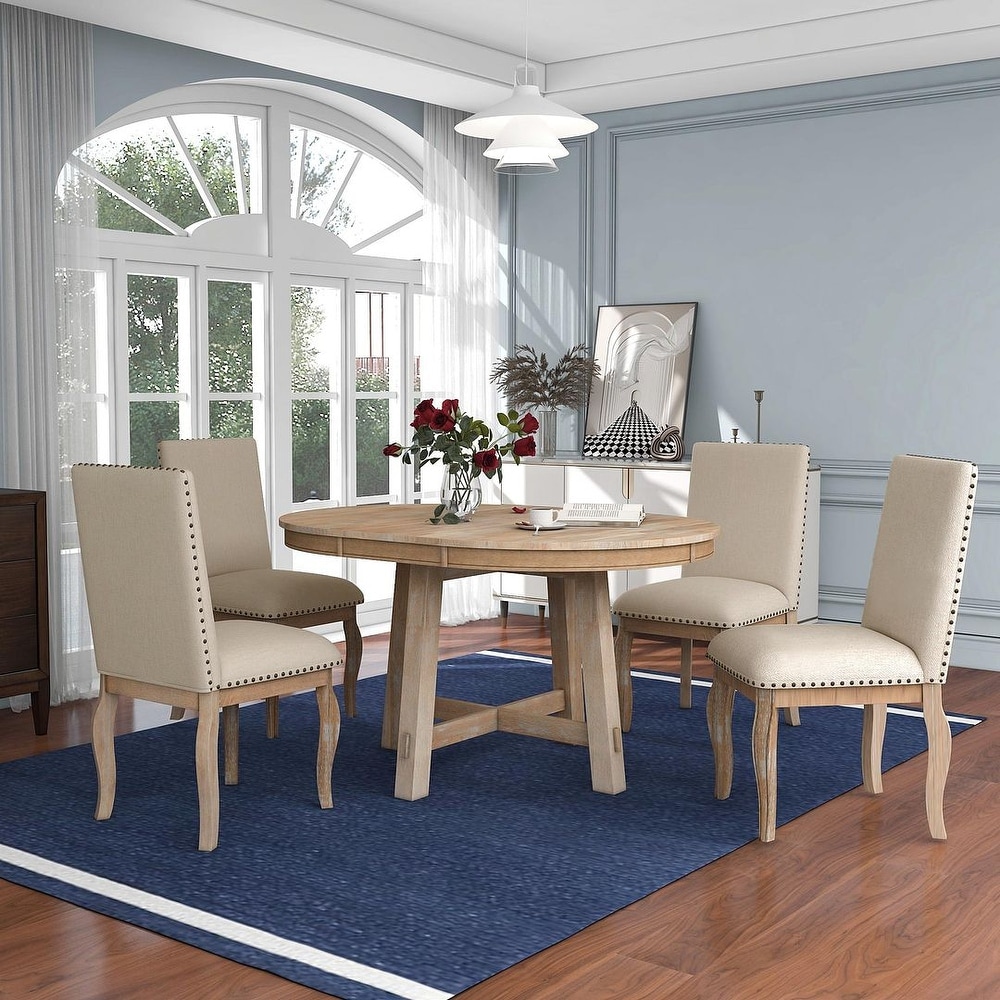 Expandable round dining table set for 4