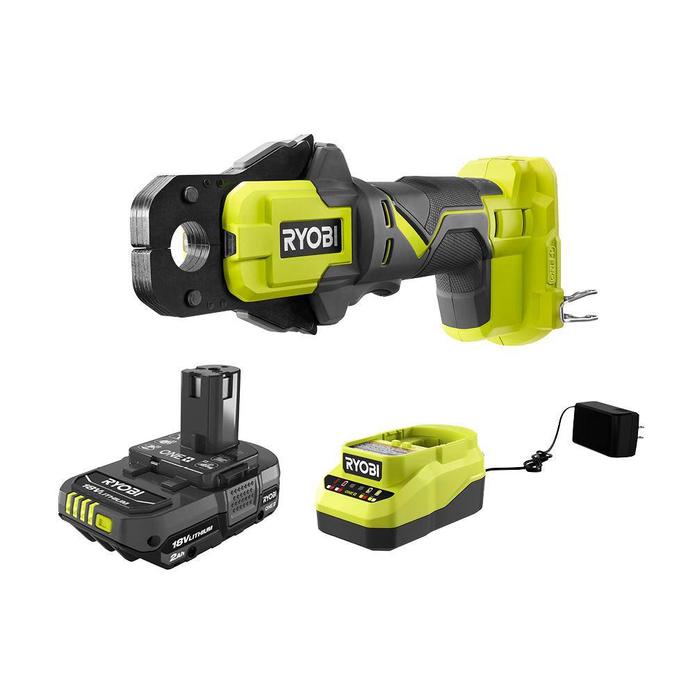 RYOBI ONE+ 18V Cordless PEX Crimp Ring Press Tool and 2.0 Ah Compact Battery and Charger Starter Kit P661-PSK005