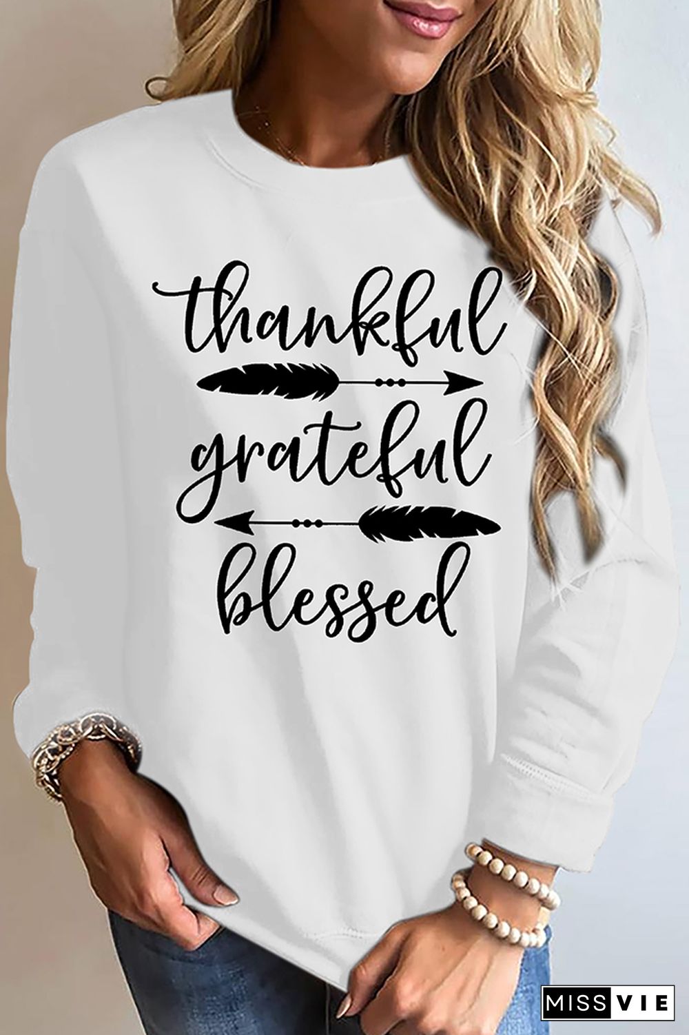 Thankful Grateful Blessed Print Essencial O-neck Long Sleeve Sweatshirts Women Wholesale