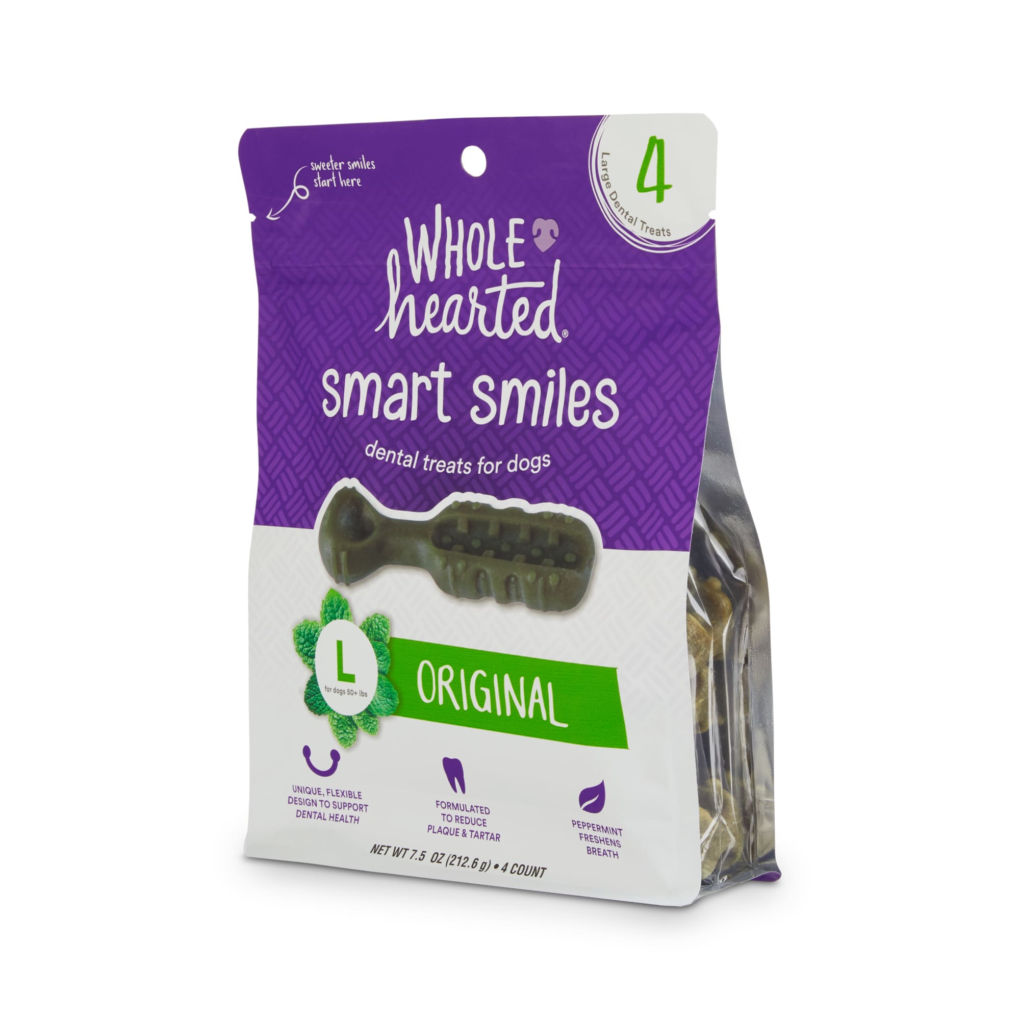 Wholehearted Smart Smiles Original Flavor Large Dog Dental Treats， 26.2 oz.， Count of 14