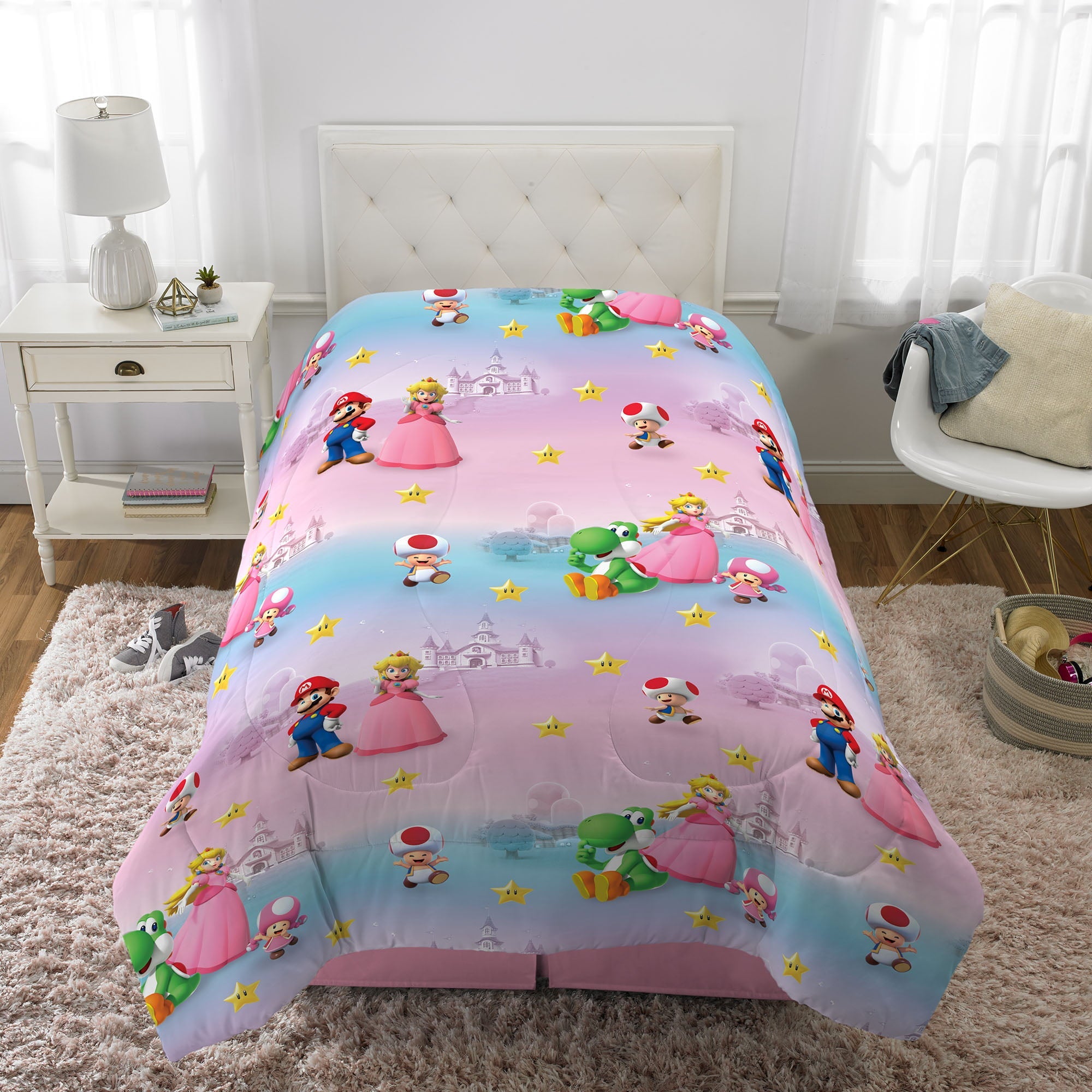 Super Mario Girl Kids Twin Bed in a Bag, Gaming Bedding, Comforter and Sheets, Pink, 