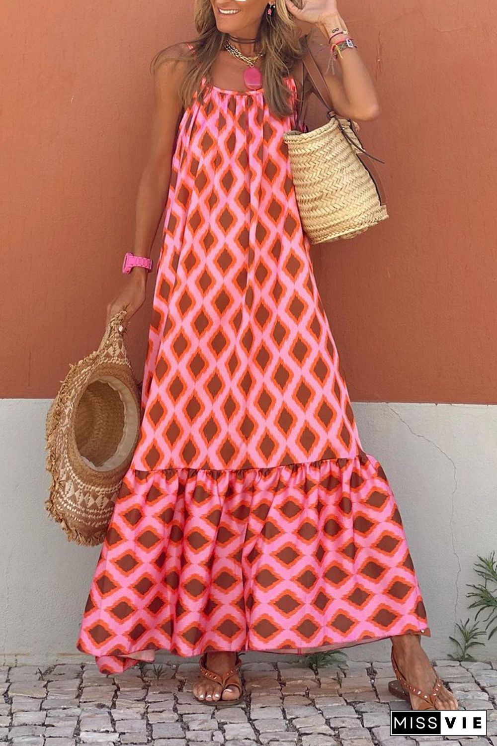 Red Geometric Print Loose Fit Sleeveless Maxi Dress