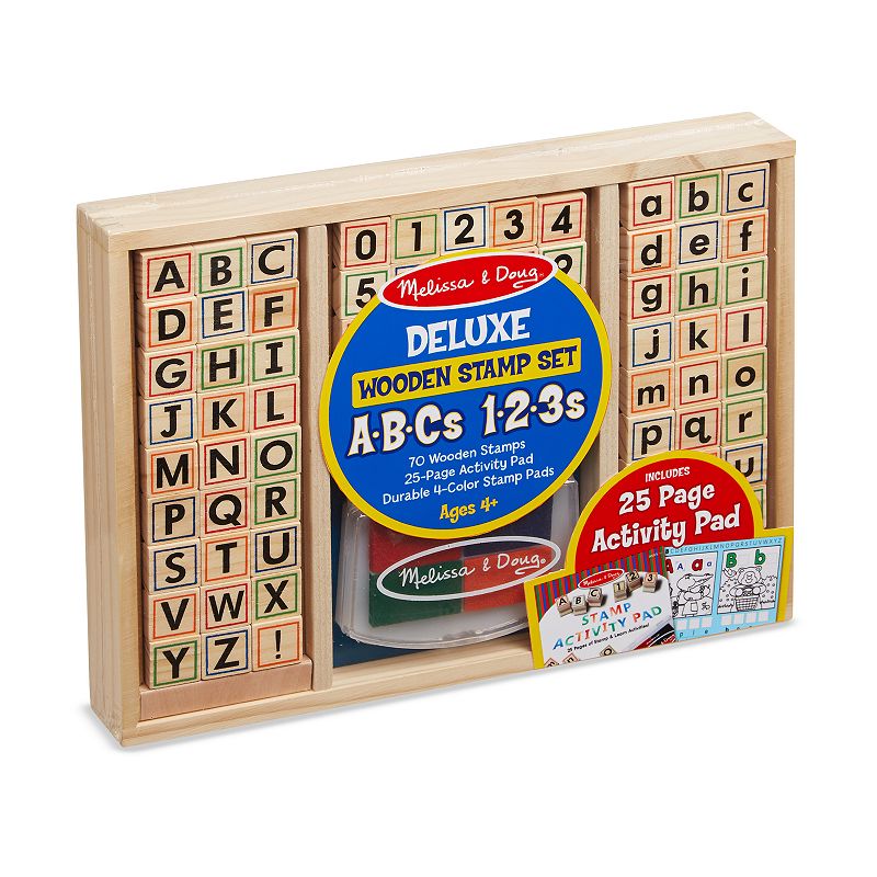 Melissa and Doug Deluxe Letters and Numbers Wooden Stamp Set ABCs 123s With Activity Book， 4-Color Stamp Pad