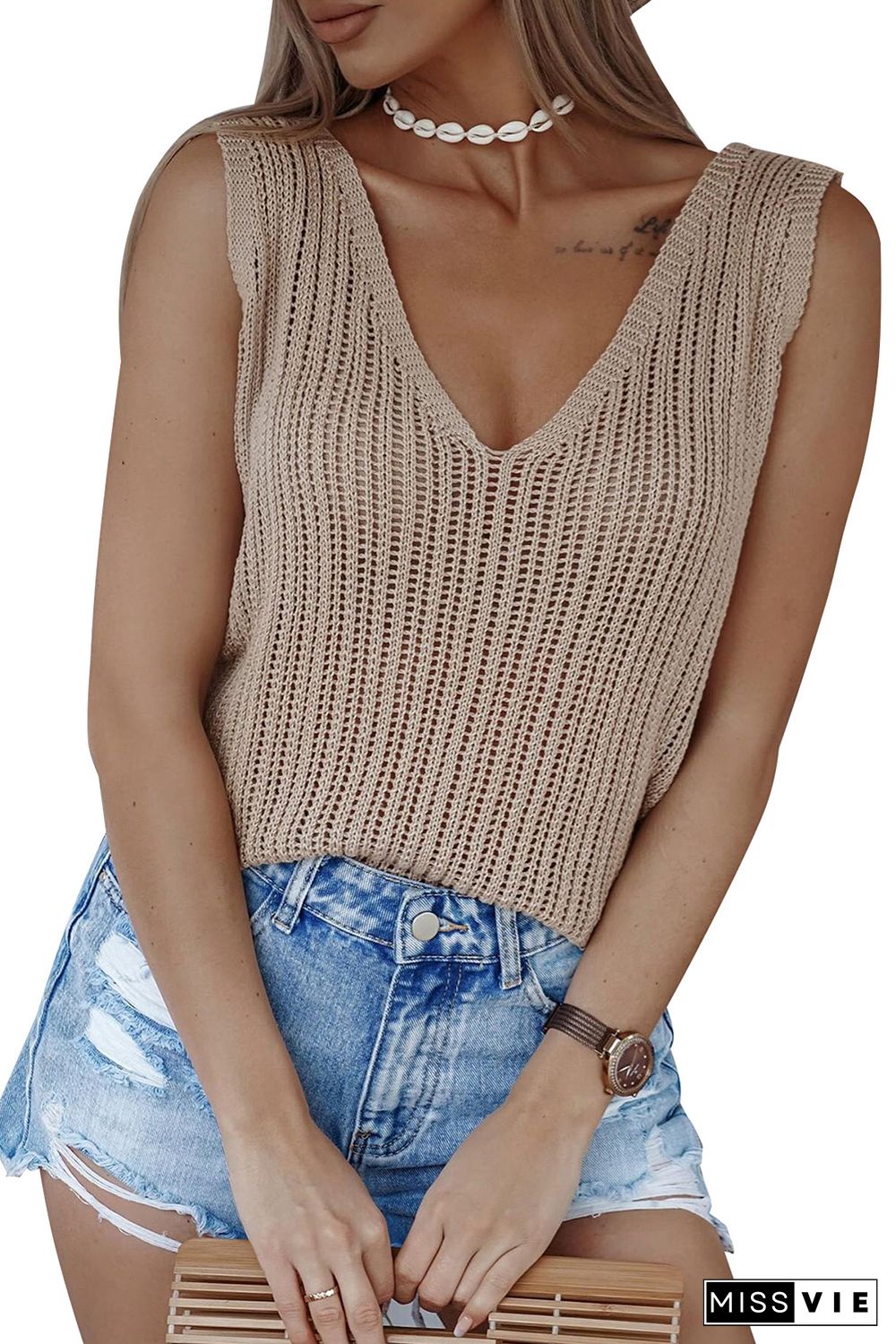 Khaki Hollowed Knit V Neck Tank Top