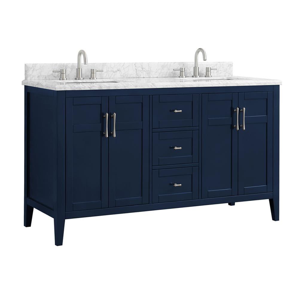 Home Decorators Collection Sturgess 61 in W x 22 in D Bath Vanity in Navy Blue with Marble Vanity Top in Carrara White with White Basins