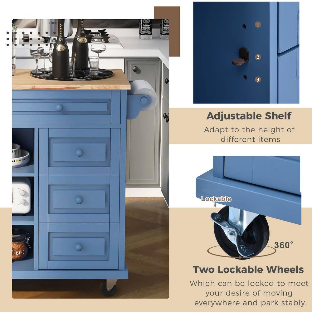 Blue Rubber Wood Desktop 53 in. W Kitchen Island on 5-Wheels with Storage and 5-Drawers MMuunea-01