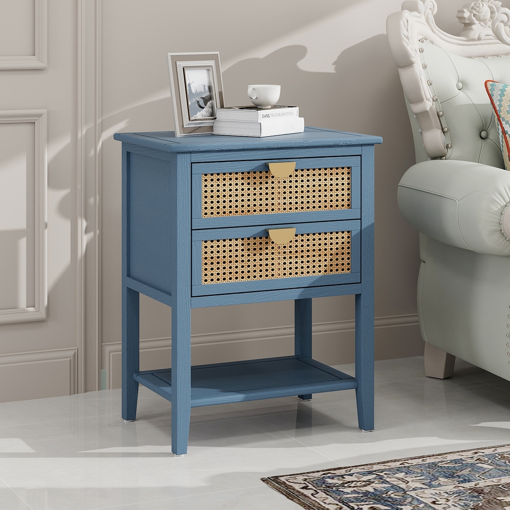 Wood Grain Nightstand 2 Rattan Drawer Sofa Side Table with Semi circular Metal Handle Bedside Cabinet for Study