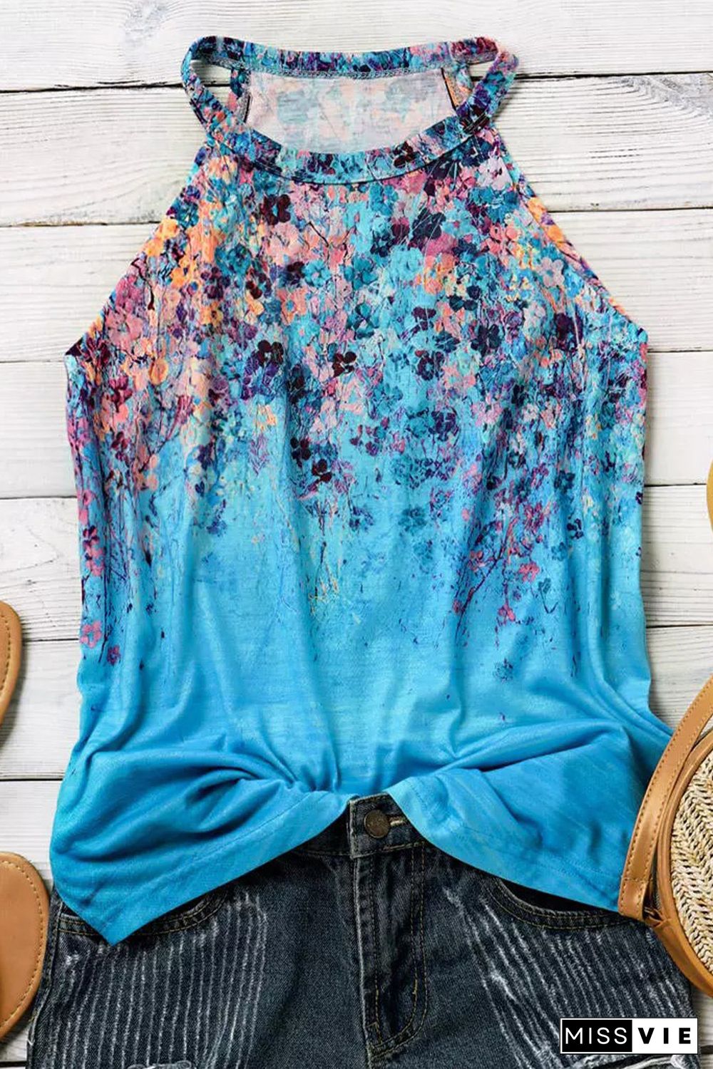 Blue Floral Print Halter Neck Tank Top