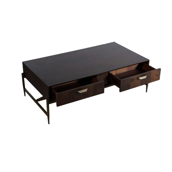 Cid 53 Inch Modern Coffee Table， Acacia Wood， 2 Drawer， Beveled Edge， Brown