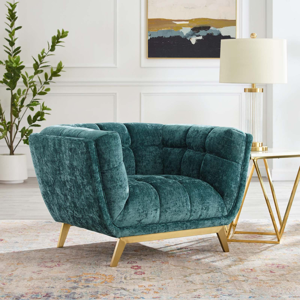 Unique Accent Chair  Angled Gold Legs  Soft Teal Velvet Seat With Deep Tufting   Contemporary   Armchairs And Accent Chairs   by Declusia  Houzz