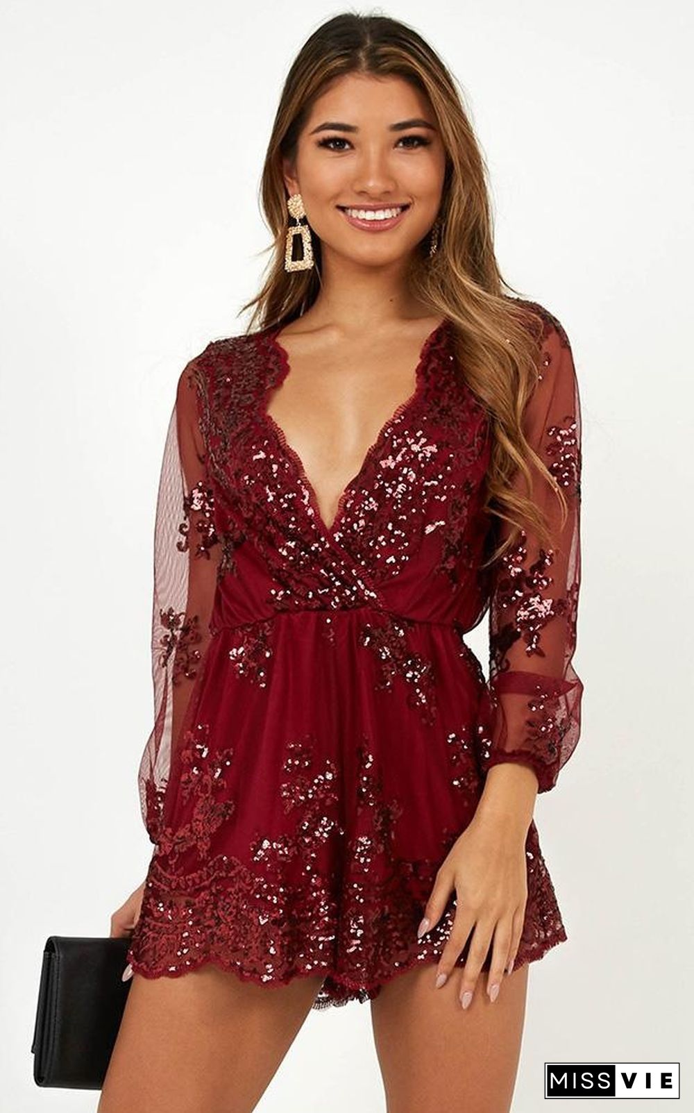 Sexy Deep V Sequin Full Sleeves Rompers