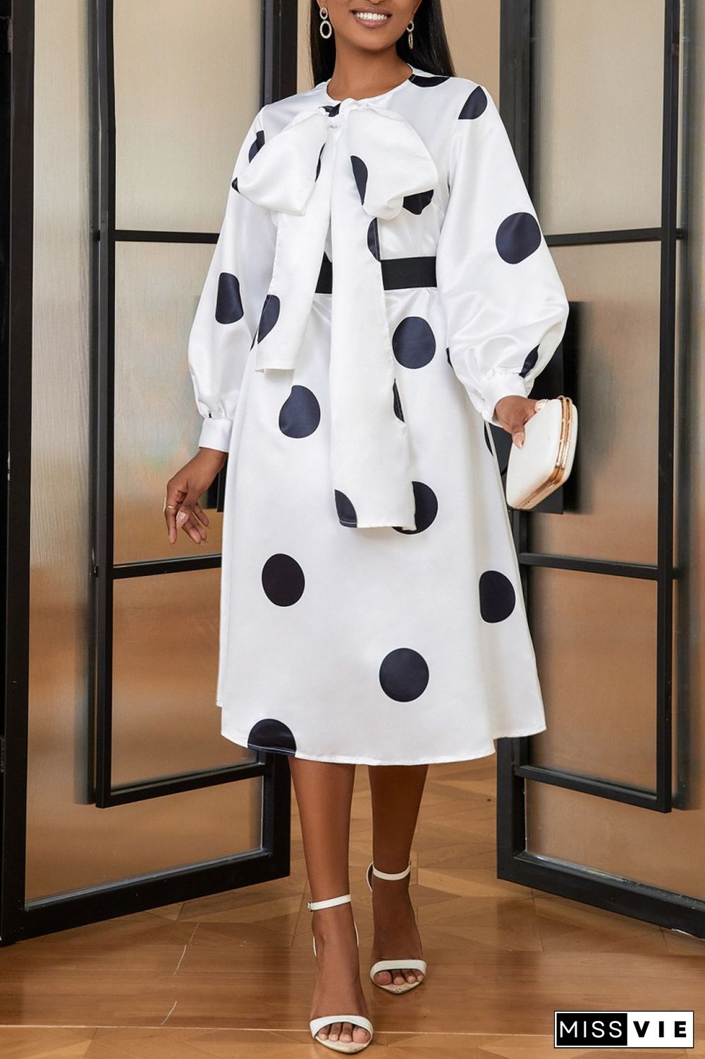 Casual Dot Print With Belt With Bow O Neck Long Sleeve Dresses