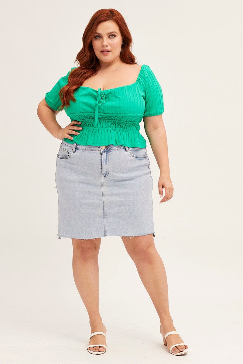 Green Short Sleeve Rib Jersey Peplum Top
