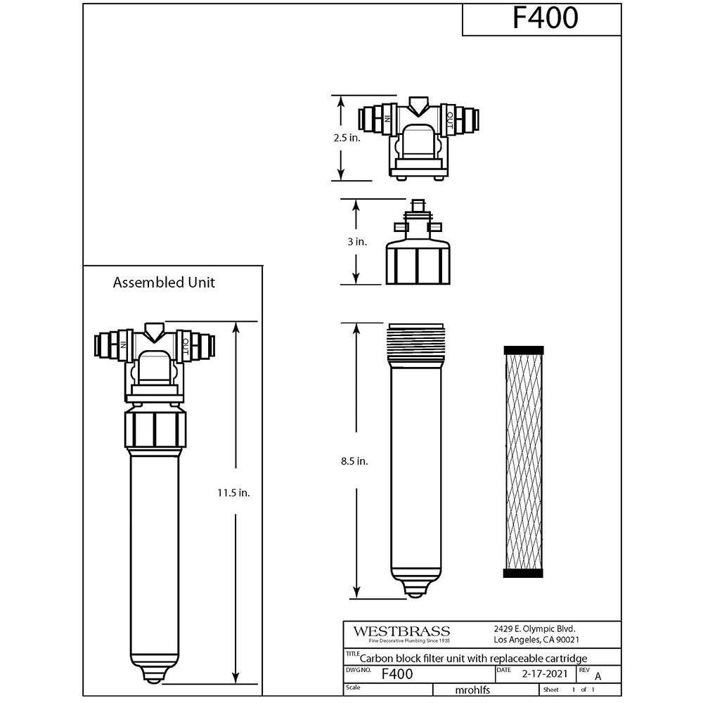 Westbrass Under Sink In-Line Water Filter Unit and Cartridge for Instant Hot or Pure Water Dispenser Faucets White F400