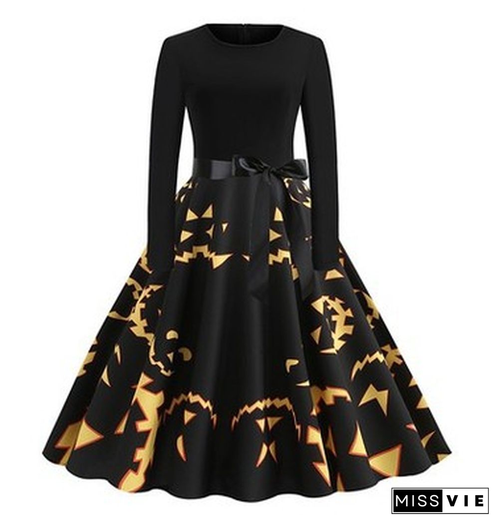 Halloween Print Stitching Long-Sleeved Big Dress