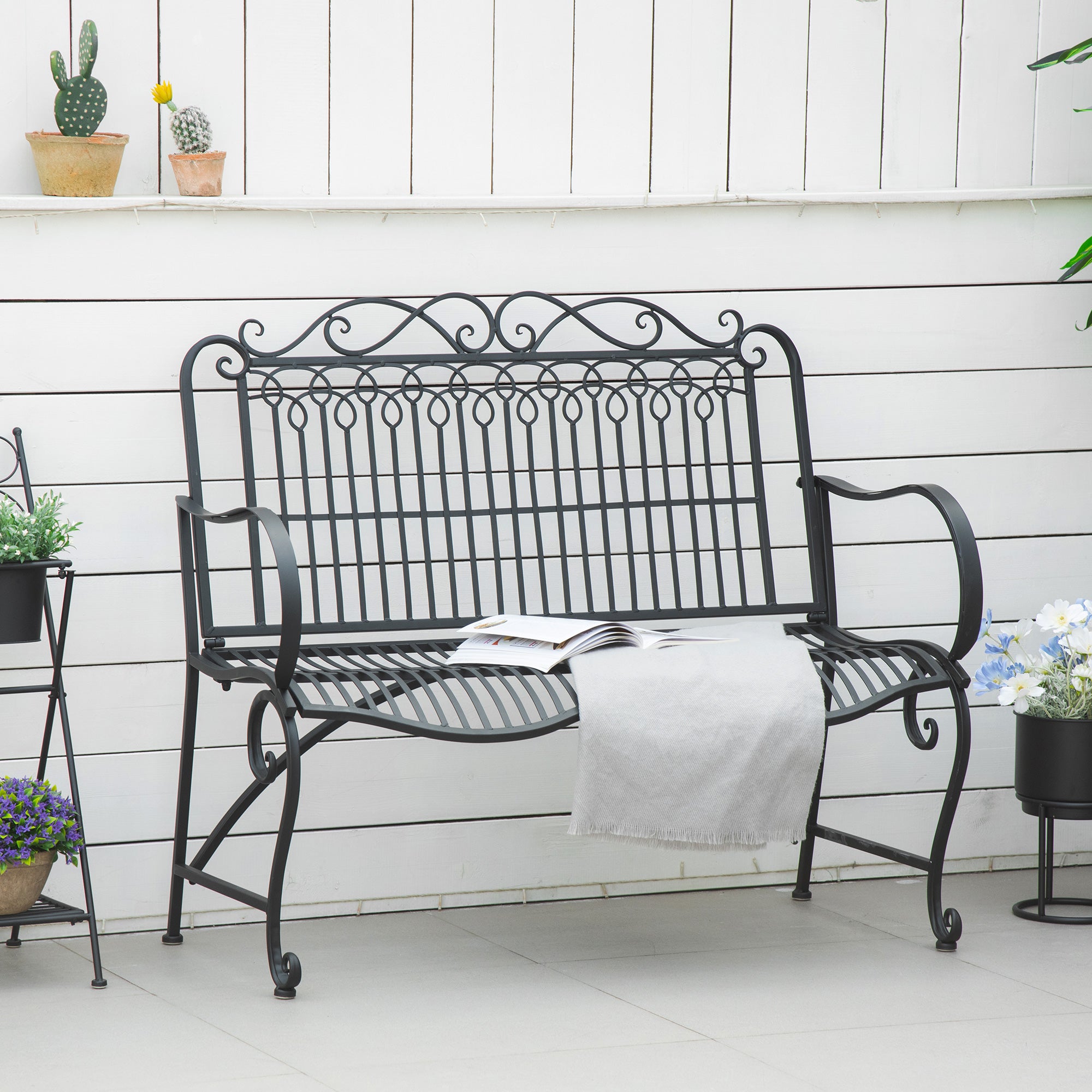 Outsunny Antique Garden Bench with Armrests & Back for Front Porch, Patio, Park, Lawn, Black