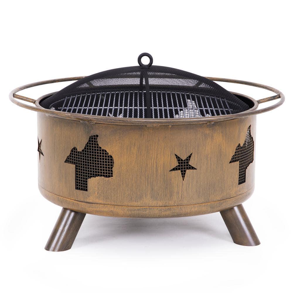 Nuu Garden 30 in Steel Round Fire Pit with PokerCoverCooking Grate in Camping Brown