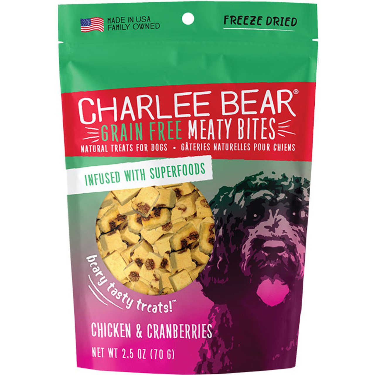 Charlee Bear Grain Free Meaty Bites Chicken and Cranberries Dog Treats， 2.5 Oz. Bag