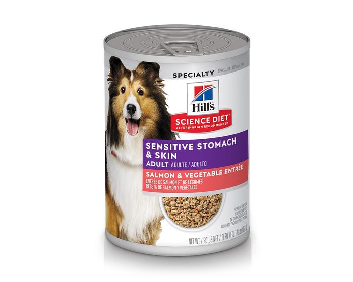 Hills® Science Diet® Adult Sensitive Stomach and Skin Salmon and Vegetable Entrée Canned Dog Food， 12.8 oz.