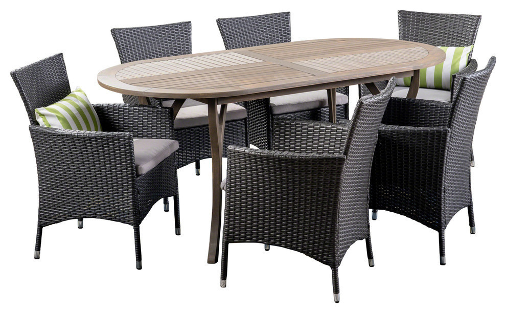 GDF Studio 7 Piece Dahl Outdoor Wood and Wicker Dining Set  Gray/Gray/Silver   Tropical   Outdoor Dining Sets   by GDFStudio  Houzz