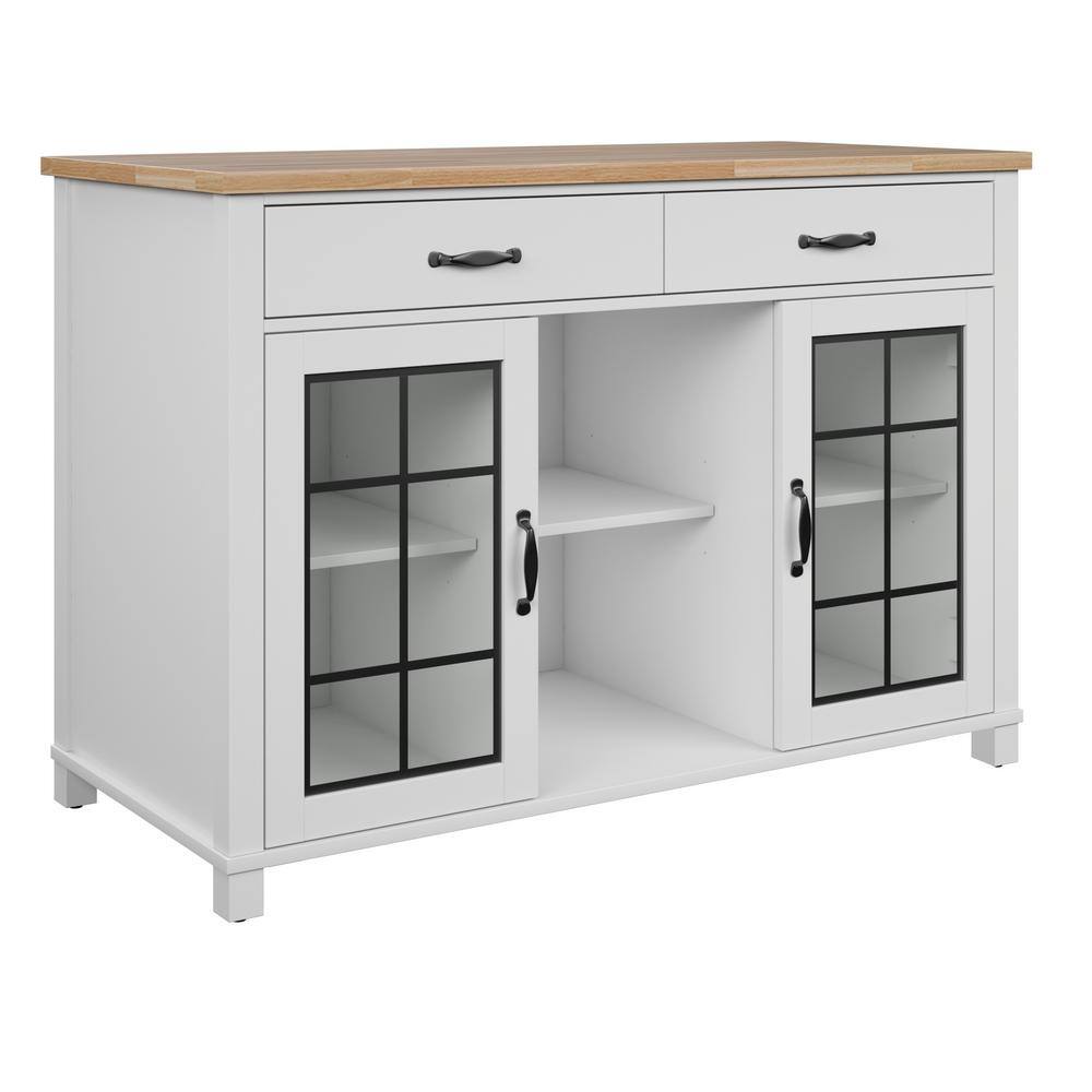 Twin Star Home Brilliant White and Wood Top 50 in. Kitchen Island with Cabinets and Optional Casters KC8671-PF08