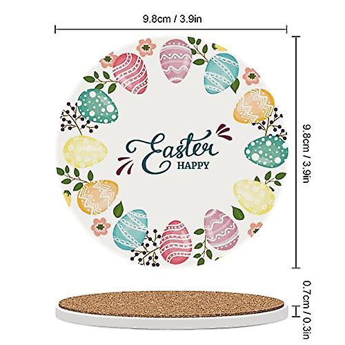 Round Drink Coasters 6 Pcs Happy Easter Eggs Wreath Absorbent Ceramic Coaster With Cork Base For Coffee Cups Housewarming Gift For Home Decor