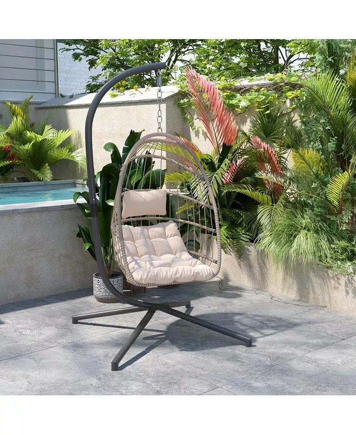 MERRICK LANE Riley Foldable Woven Hanging Egg Chair With Removable Cushion And Stand For Indoor And Outdoor Use