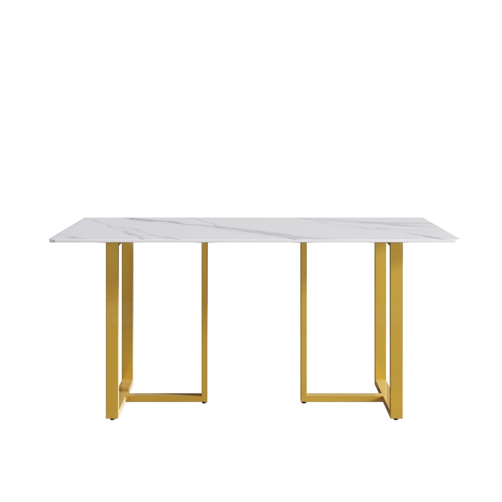 63'' Modern and Minimalist Rectangular Stone Dining Table  Black Metal Frame  Curved Corners