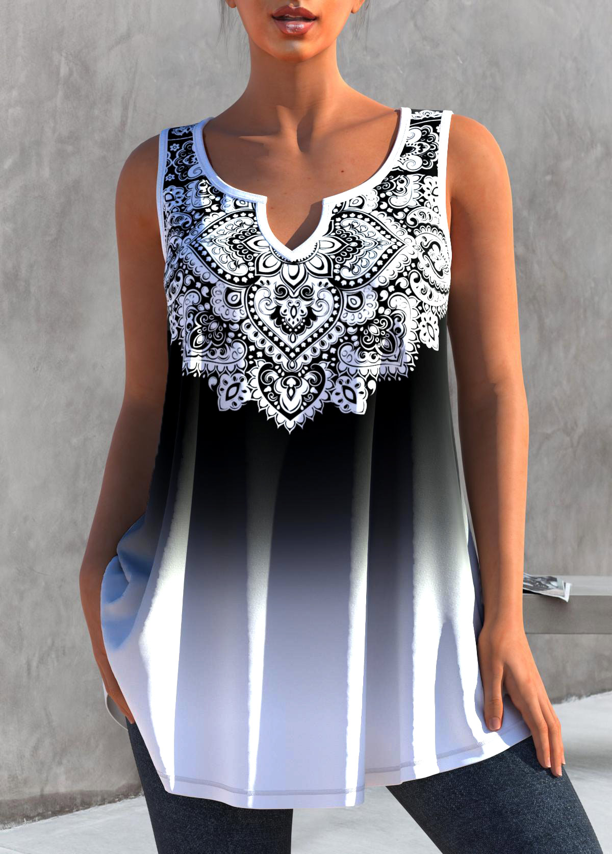 Tribal Print White Ombre Split Neck Tank Top