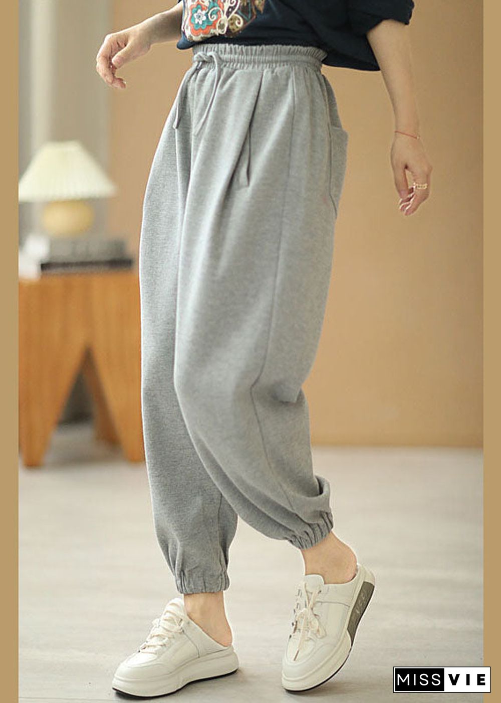 Women Grey Tie Waist Pockets Harem Fall Pants Cotton