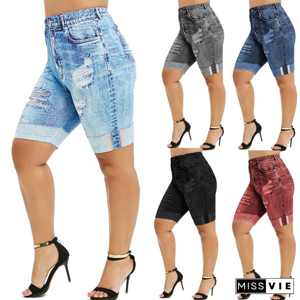 Plus Size Mini Leggings Faux Denim Pants Women Ladies Fashion Shorts Ripped Skinny Jean Print