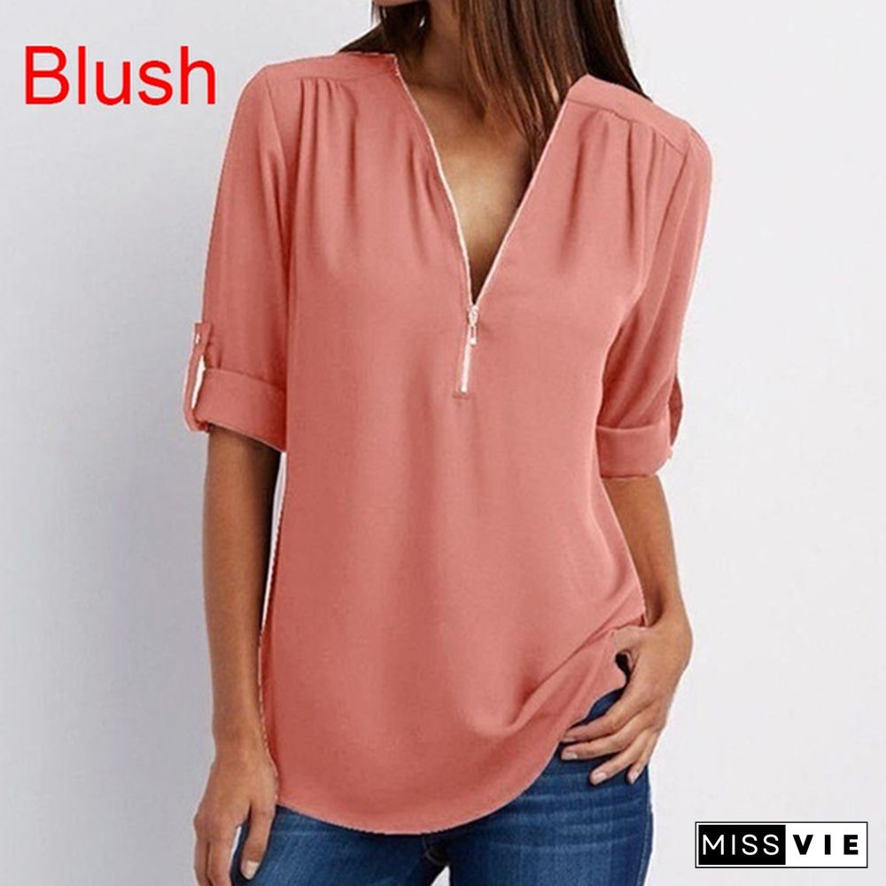 Plus Size Women's Fashion Chiffon Shirt V-neck Long Sleeve Loose Tops Zipper T-Shirt( S-4XL)