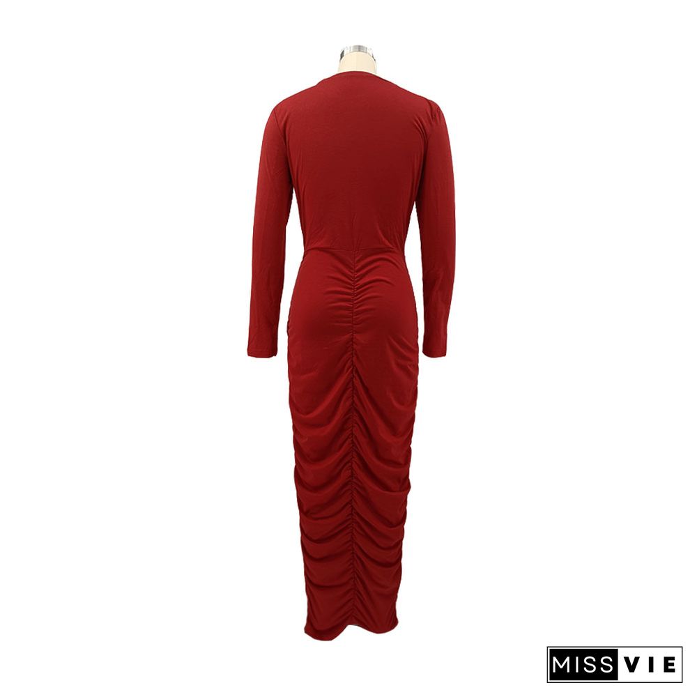 Long Sleeve Round Neck Pleated Bodycon Dress