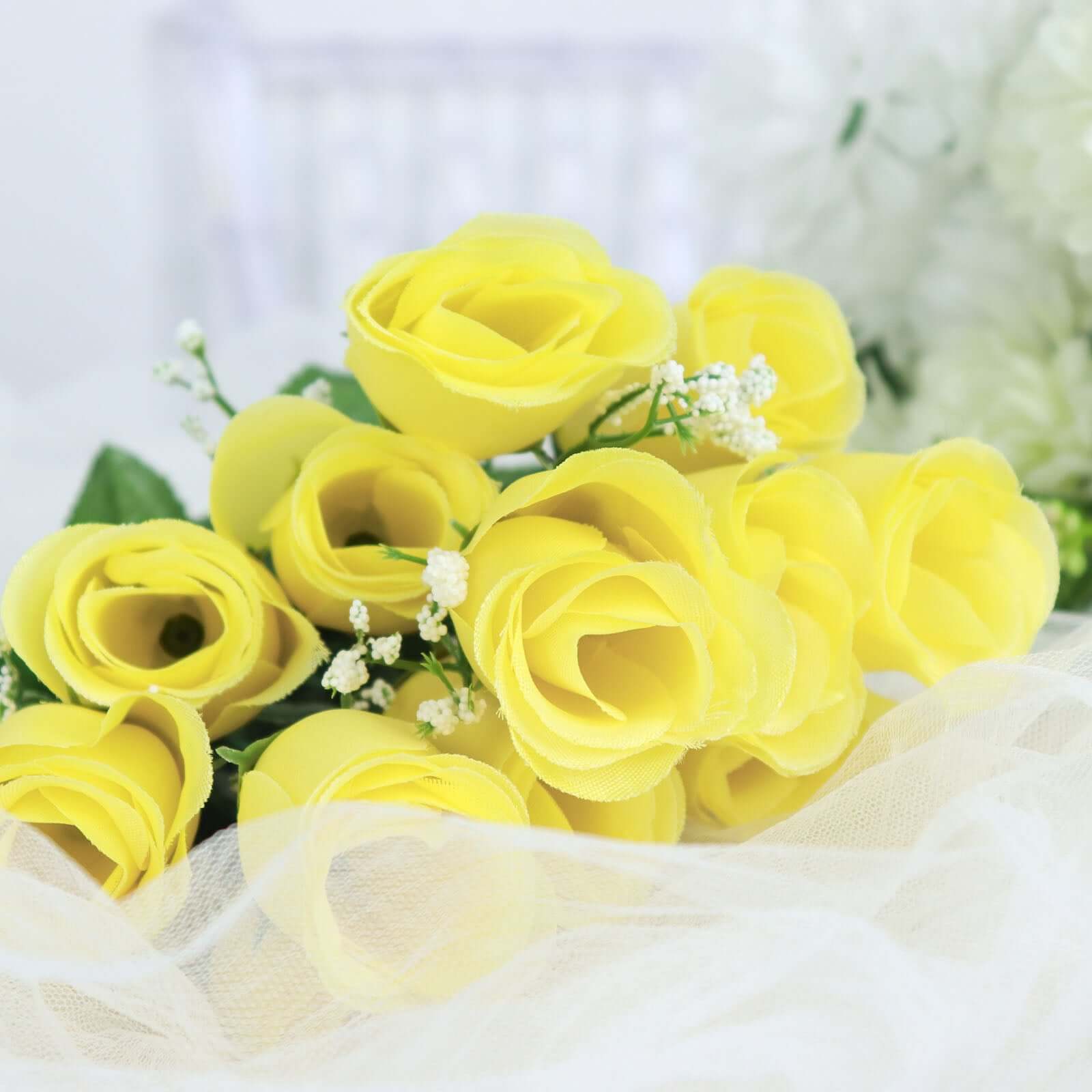 12 Bushes Yellow Artificial Premium Silk Flower Rose Bud Bouquets