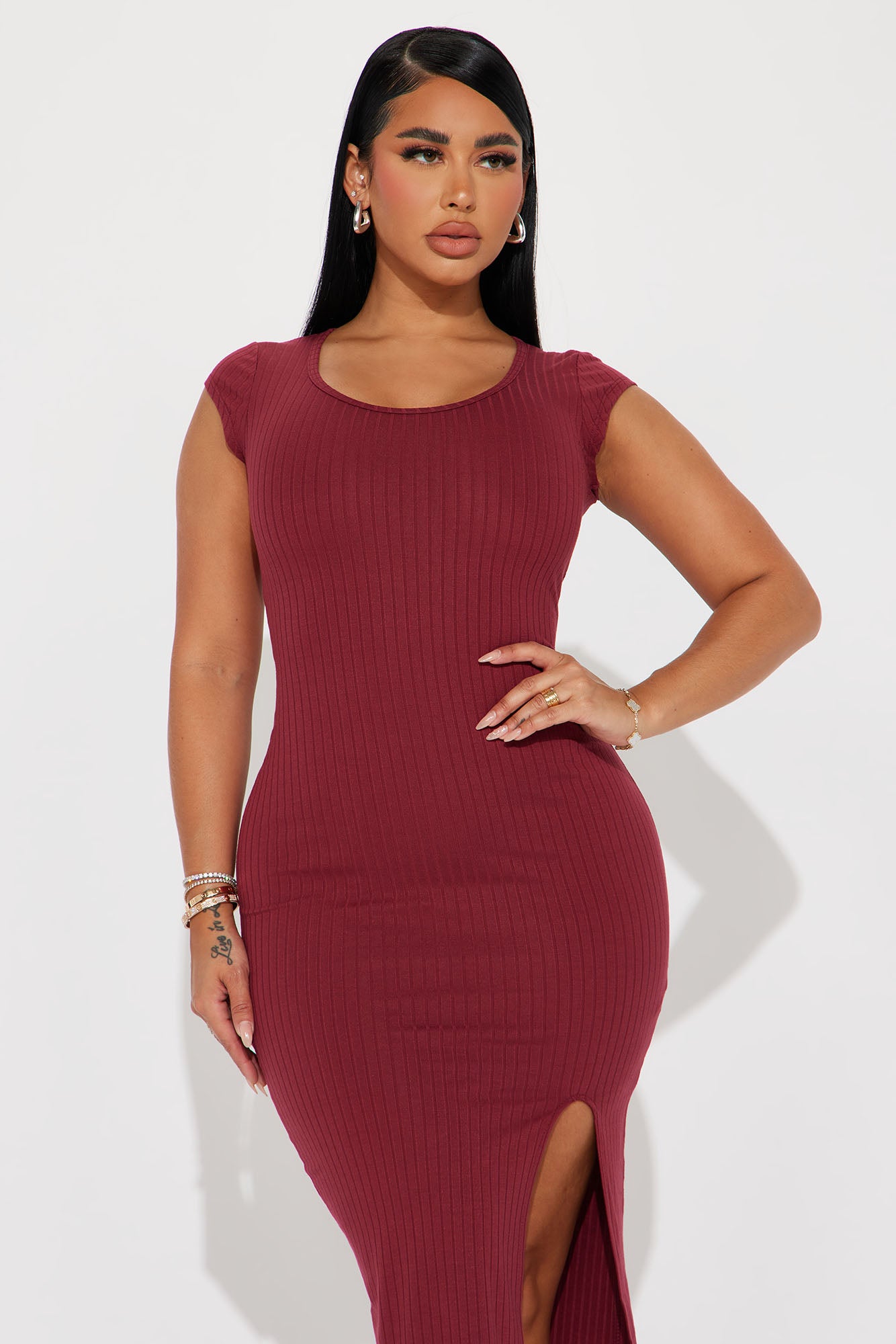 Claire Ribbed Midi Dress - Wine