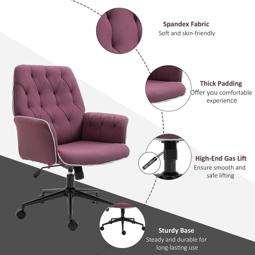 Vinsetto Purple, Modern Mid-Back Tufted Fabric Home Office Desk Chair with Arms, Swivel Adjustable Task Chair, Upholstery Chair 921-102VT