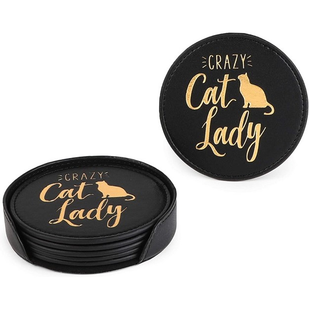 Juvale 6 Pack Crazy Cat Lady Leather Drink Coasters Set With Holder Stand Black Round 4 In