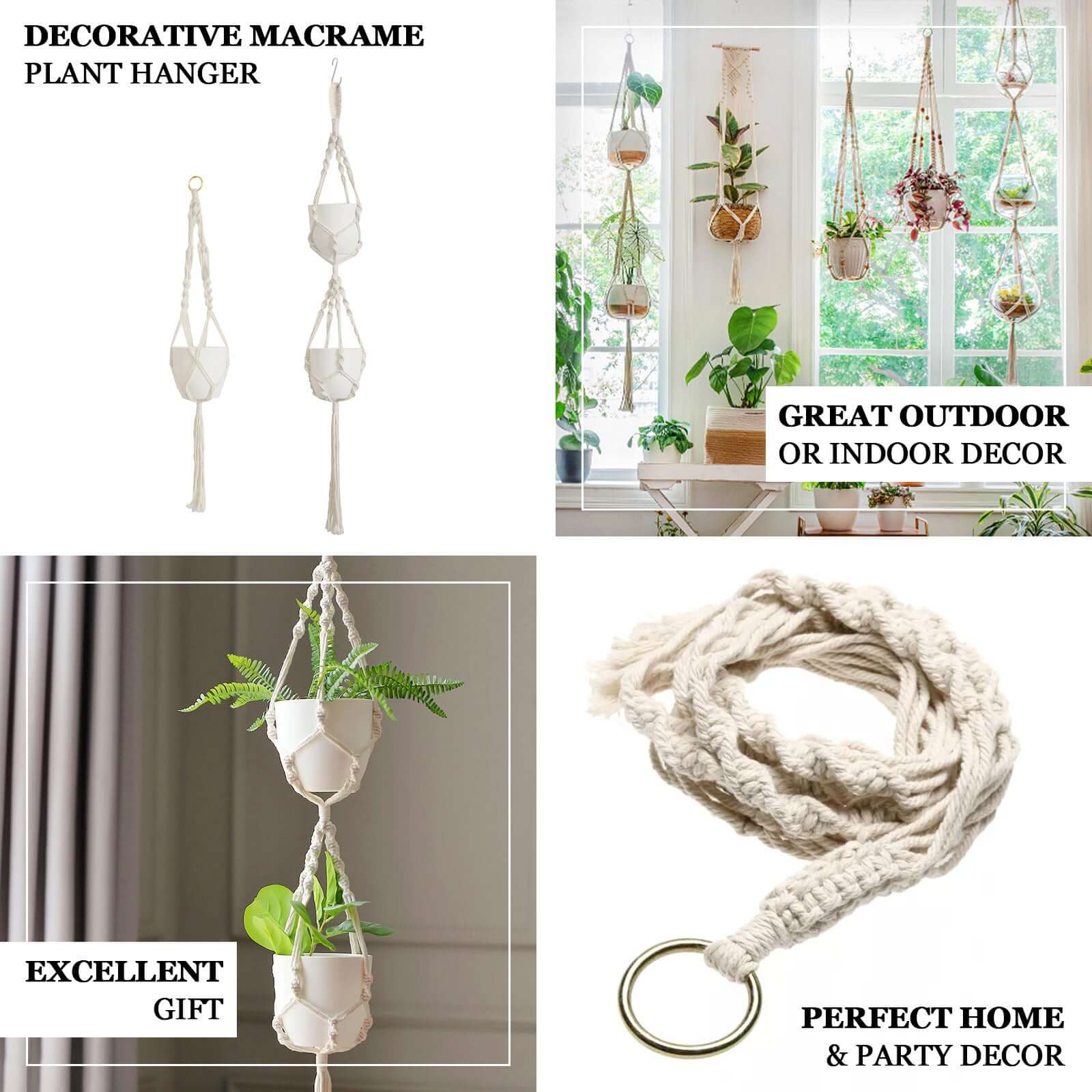 2 Pack Ivory Macrame Indoor Hanging Planter Basket Cotton Ropes, Decorative Flower Pot Holder With Tassel, Boho Chic Home Decor