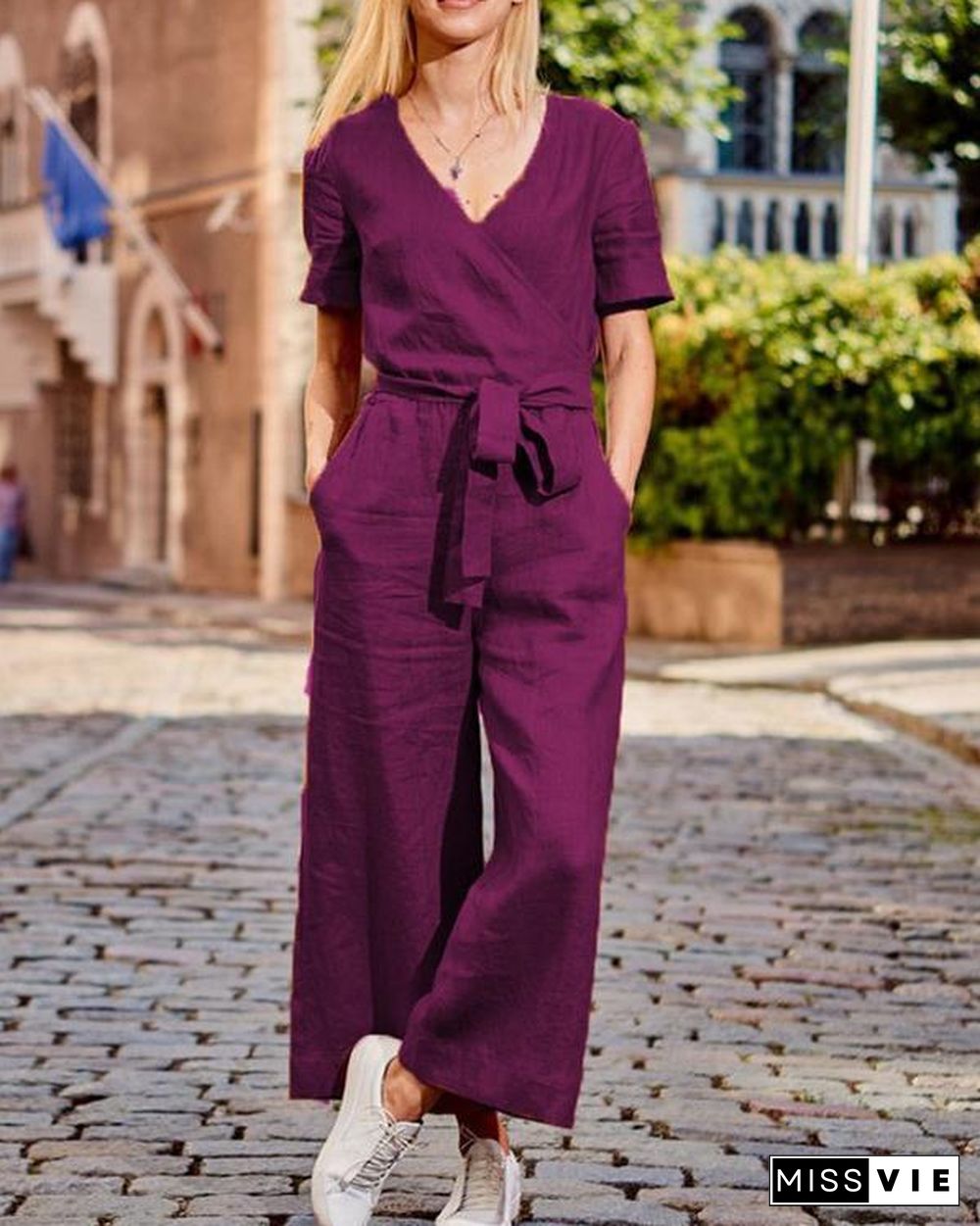 Paneled Solid Cross Front V-neck Casual Jumpsuit