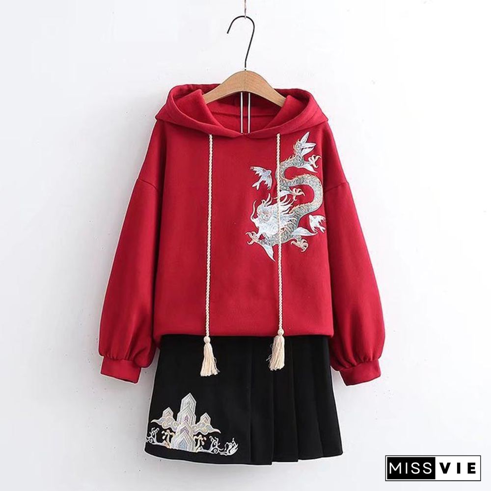 Vintage Dragon Embroidery Hoodie Skirt Set