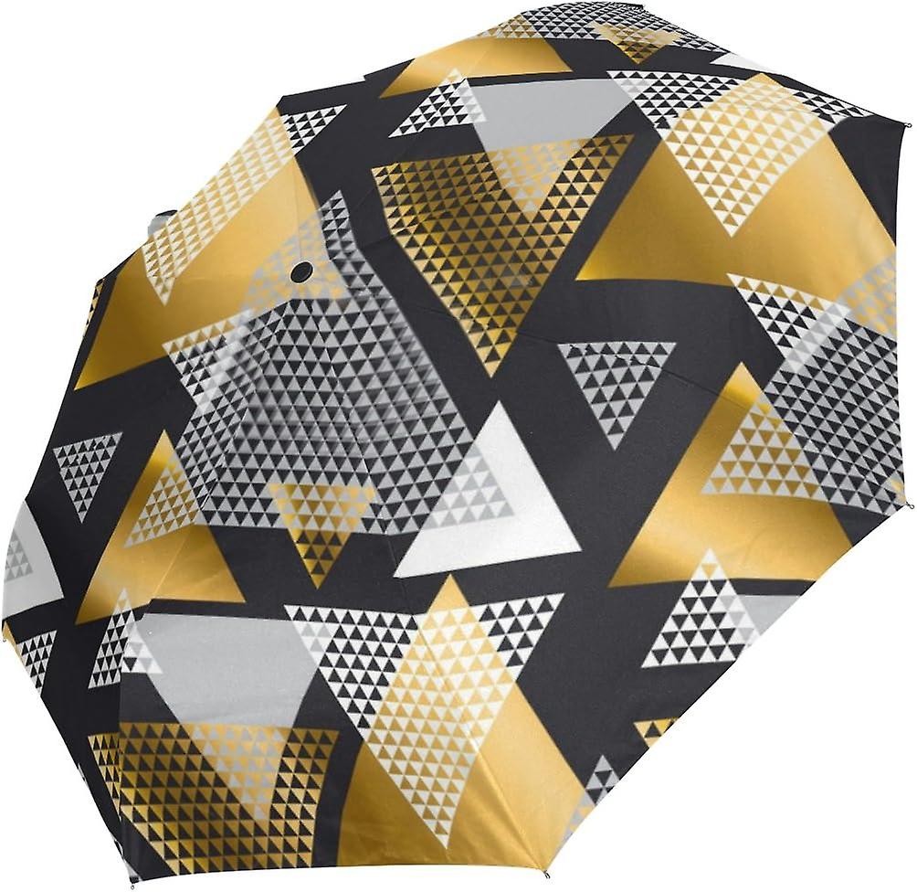 Top Carpenter Gold And Black Geometry Triangles Anti Uv Windproof Travel Umbrella Parasol With Auto Open/close Button