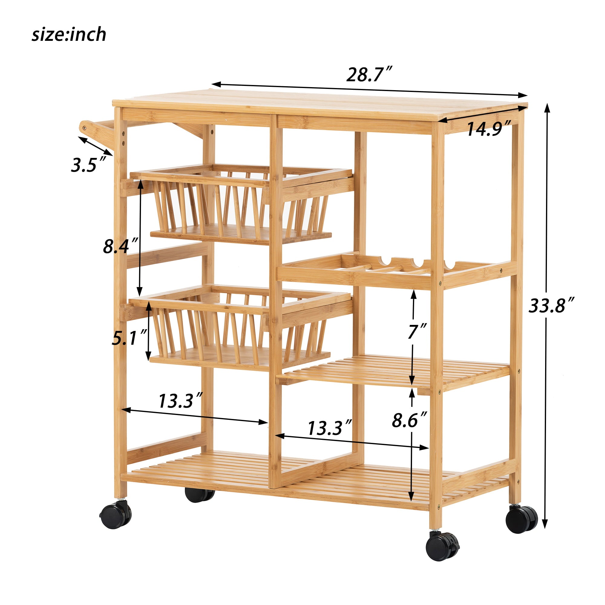 uhomepro Kitchen Rolling Microwave Cart on Wheels， Microwave Oven Stand Storage Cart on Wheels， Mobile Kitchen Cart， Bamboo Food Pantry Carts with Wine Rack， 3 Shelves， 2 Baskets