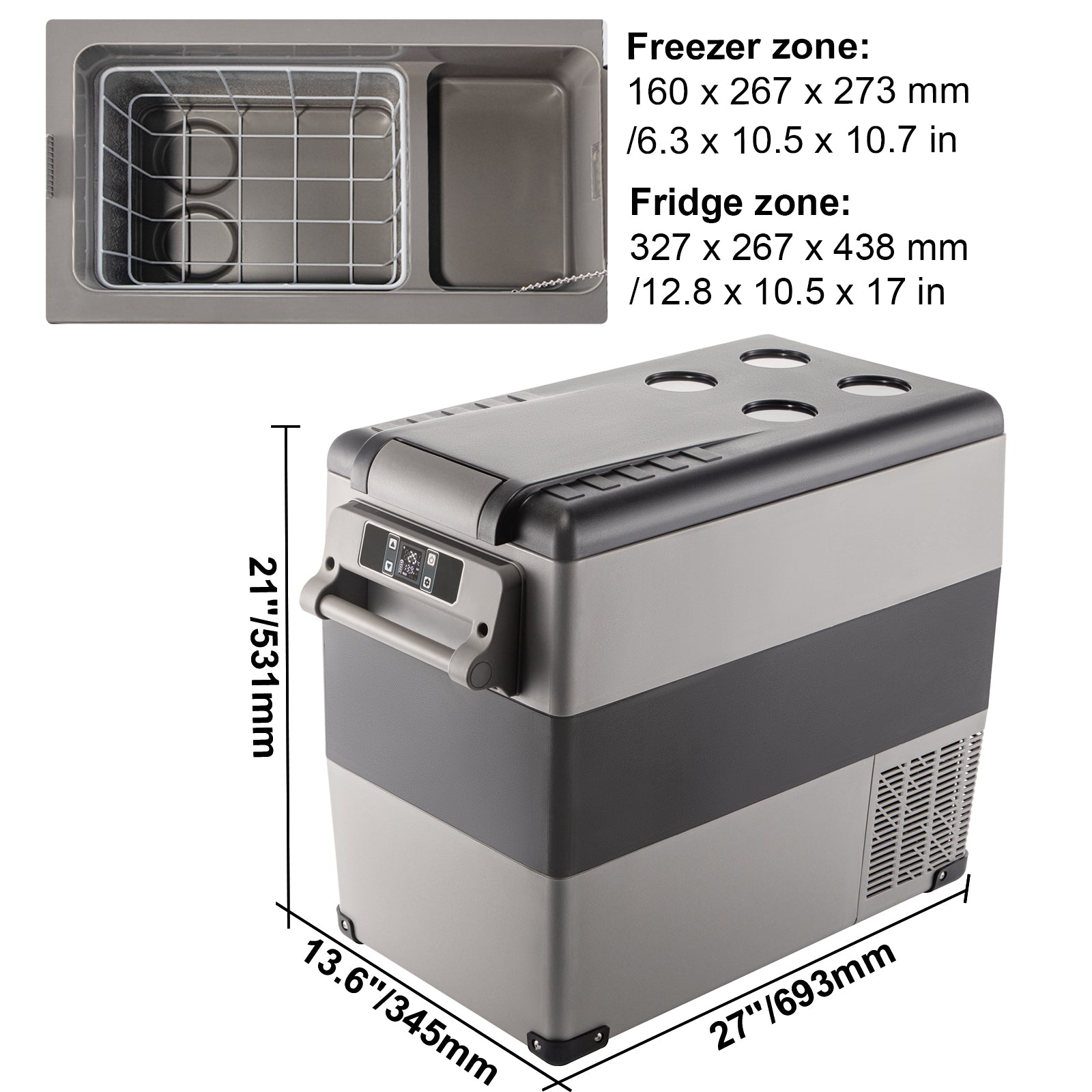 VEVORbrand 55L Portable Car Refrigerator 58 Quart Compact RV Fridge 12/24V DC & 110-240V AC Vehicle Car Truck Boat Mini Electric Cooler for Driving Travel Fishing Outdoor and Home Use -4°F-50°F