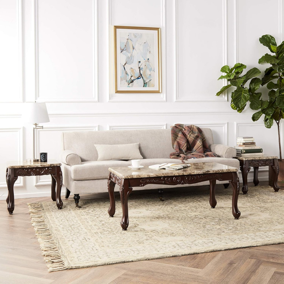 3 Pieces Coffee Table Set  Cabriole Wooden Legs With Faux Marble Top  Dark Oak   Victorian   Coffee Table Sets   by Decor Love  Houzz