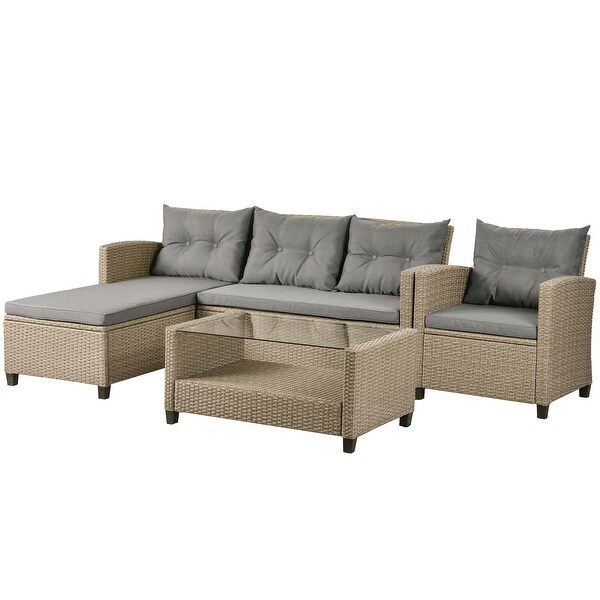 4Piece Classic Conversation Set，Wicker Rattan Patio Sofa with Cushions