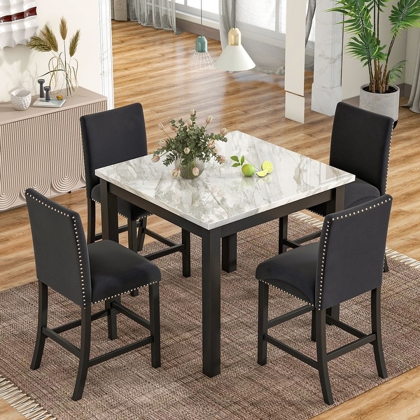 Counter Height Dining Table Set with One Faux Marble Dining Table and Four Upholstered Seat Chairs(Set of 5)